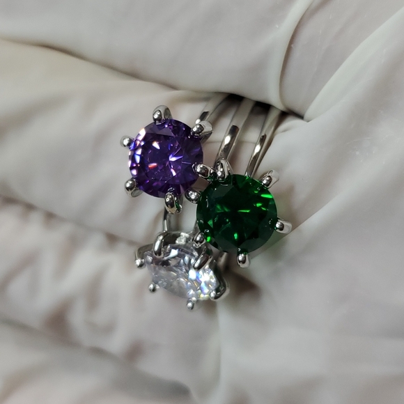 3 NEW 6-Prong Silver Bling Rings/Clear-Green-Purple/Large Showy Cut Glass-Sz 9.5 - Picture 1 of 12